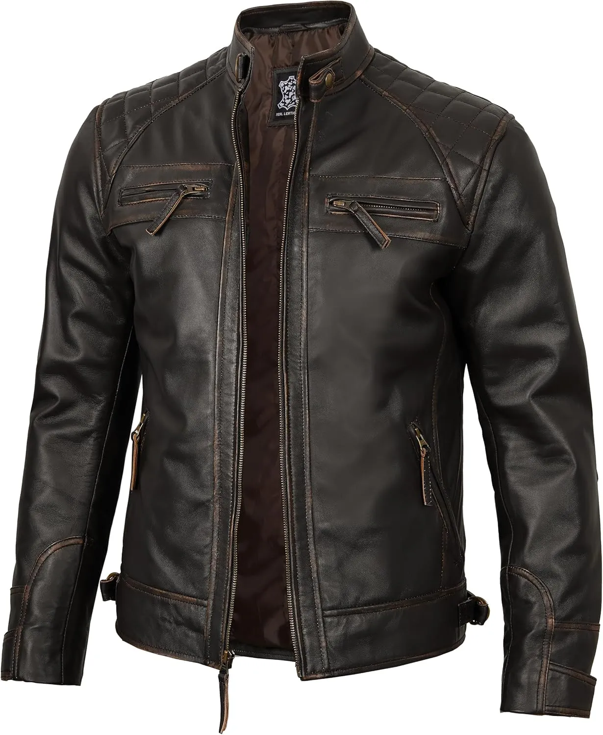 fjackets Real Lambskin Mens Leather Jackets - Quilted Cafe Racer Zip Up Moto Style Leather Jacket Men