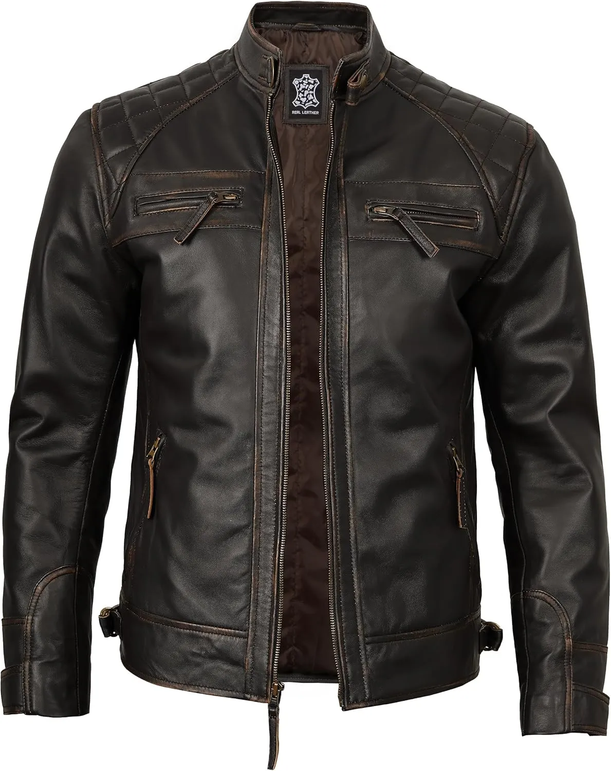 fjackets Real Lambskin Mens Leather Jackets - Quilted Cafe Racer Zip Up Moto Style Leather Jacket Men