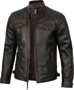 fjackets Real Lambskin Mens Leather Jackets - Quilted Cafe Racer Zip Up Moto Style Leather Jacket Men