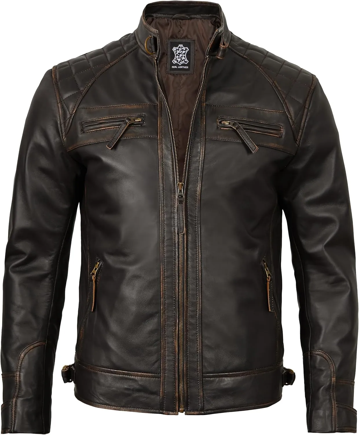 fjackets Real Lambskin Mens Leather Jackets - Quilted Cafe Racer Zip Up Moto Style Leather Jacket Men
