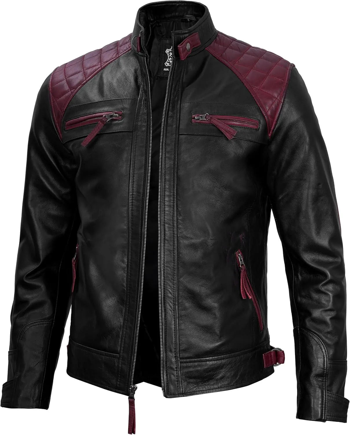 fjackets Real Lambskin Mens Leather Jackets - Quilted Cafe Racer Zip Up Moto Style Leather Jacket Men