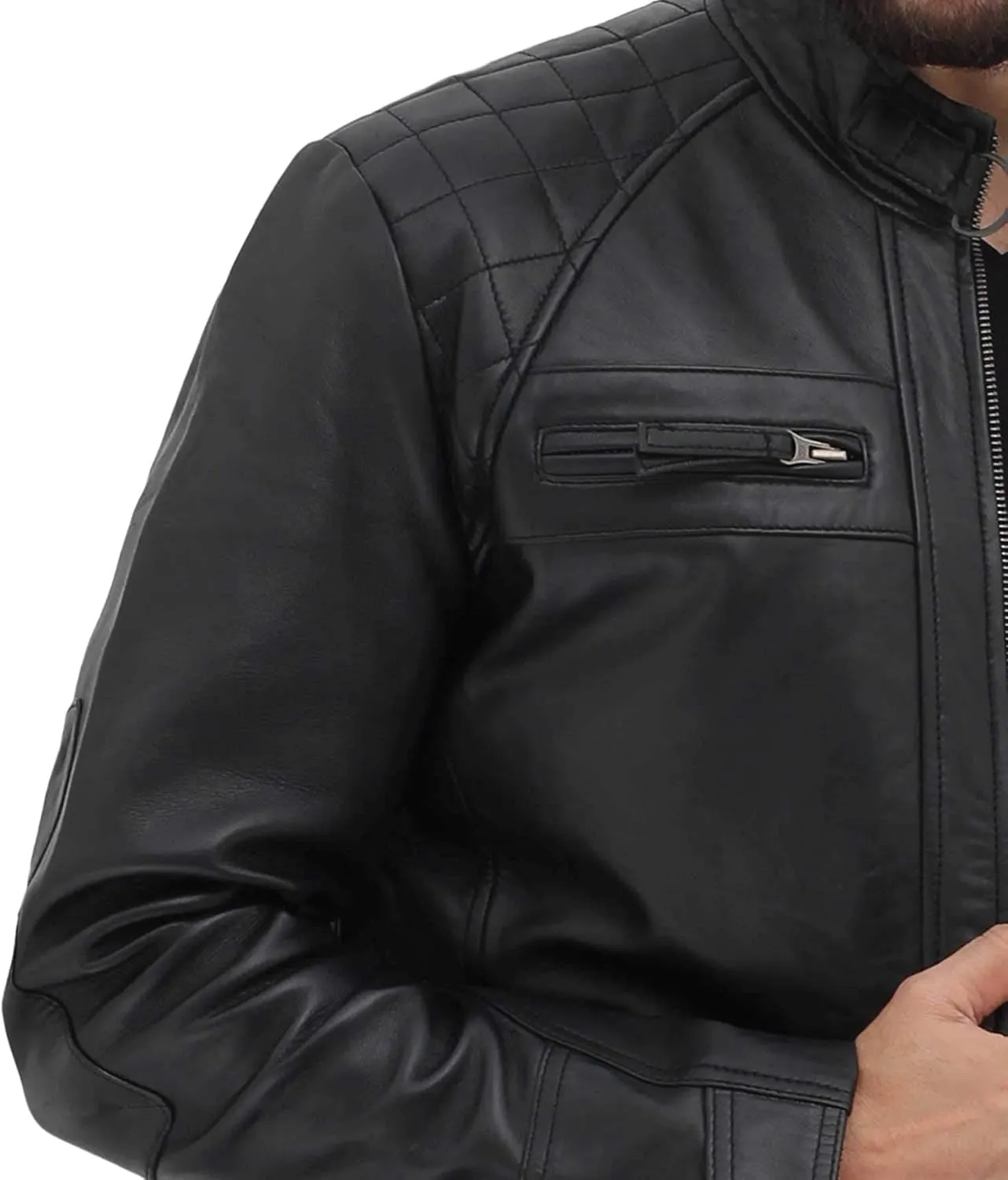 fjackets Real Lambskin Mens Leather Jackets - Quilted Cafe Racer Zip Up Moto Style Leather Jacket Men