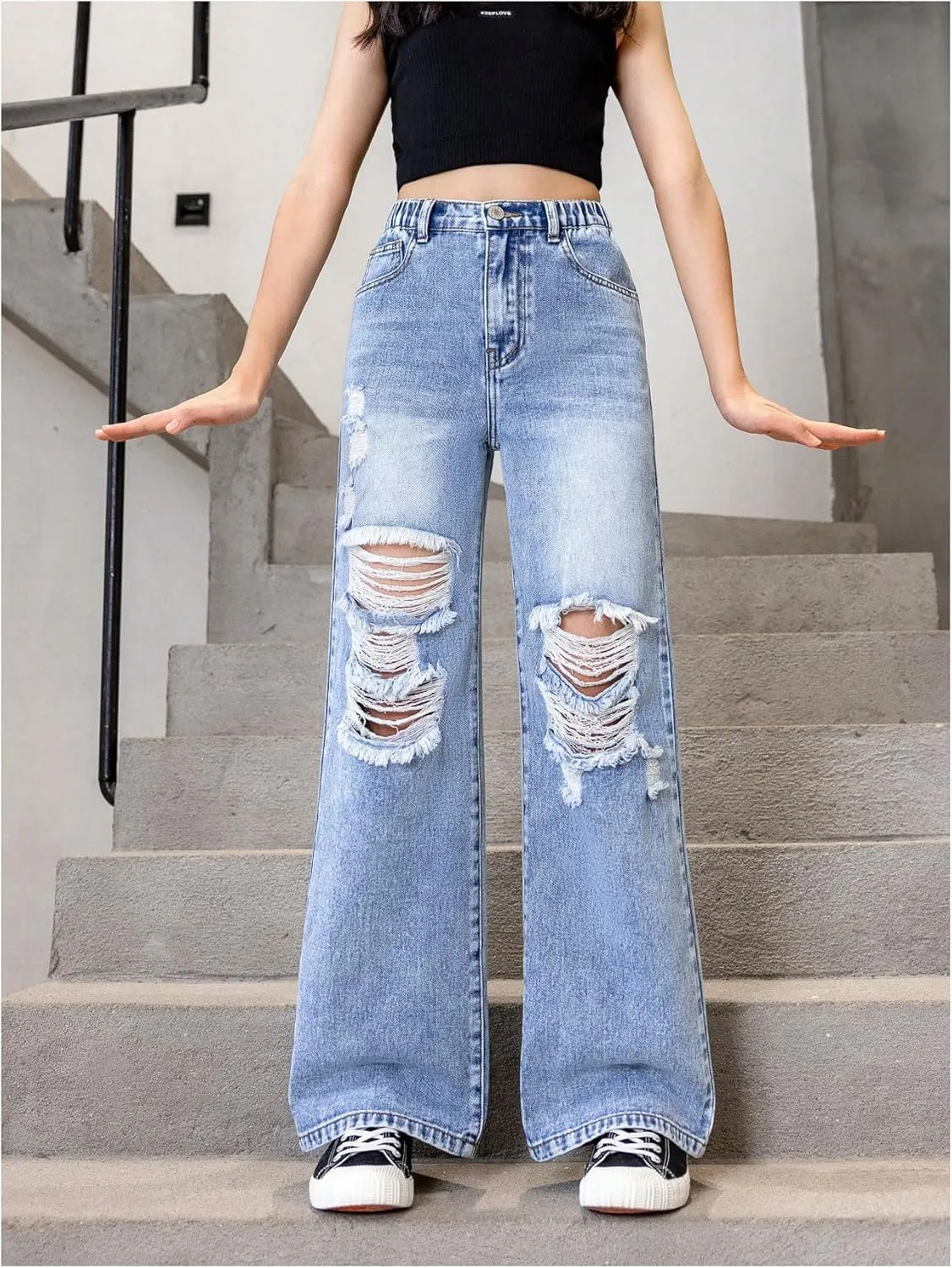 Floerns Girl's Elastic High Waist Ripped Baggy Jeans Wide Leg Distressed Denim Pants