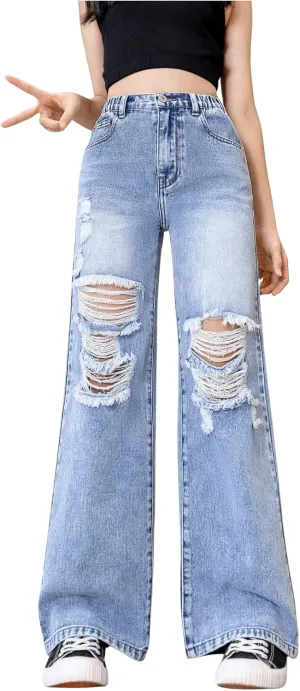 Floerns Girl's Elastic High Waist Ripped Baggy Jeans Wide Leg Distressed Denim Pants