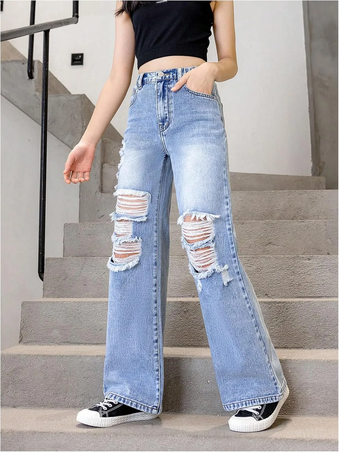 Floerns Girl's Elastic High Waist Ripped Baggy Jeans Wide Leg Distressed Denim Pants