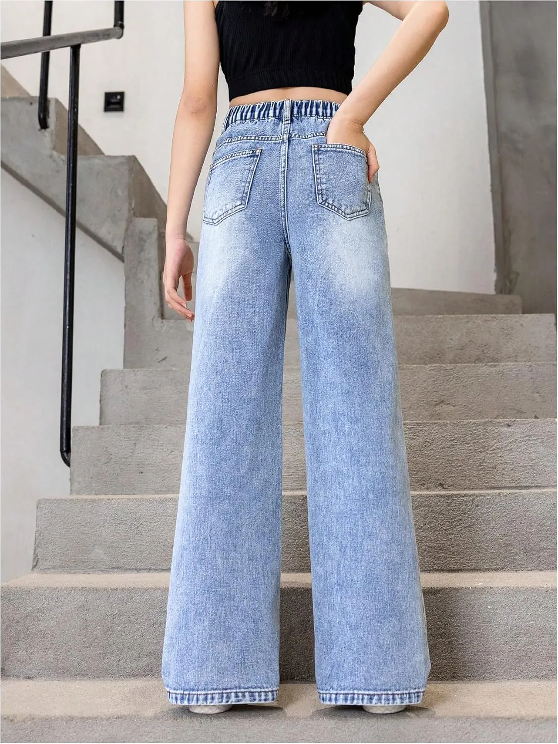Floerns Girl's Elastic High Waist Ripped Baggy Jeans Wide Leg Distressed Denim Pants