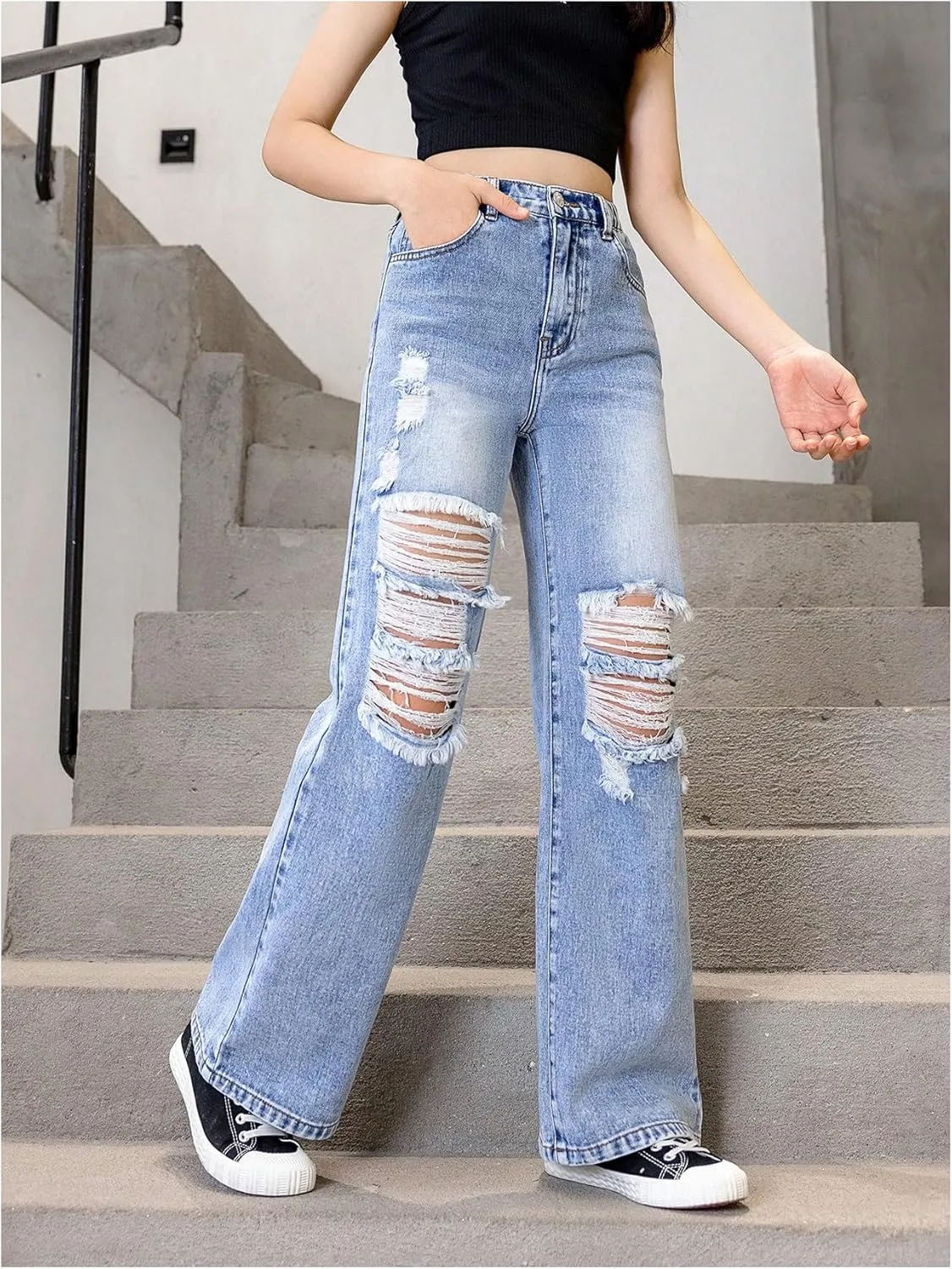 Floerns Girl's Elastic High Waist Ripped Baggy Jeans Wide Leg Distressed Denim Pants