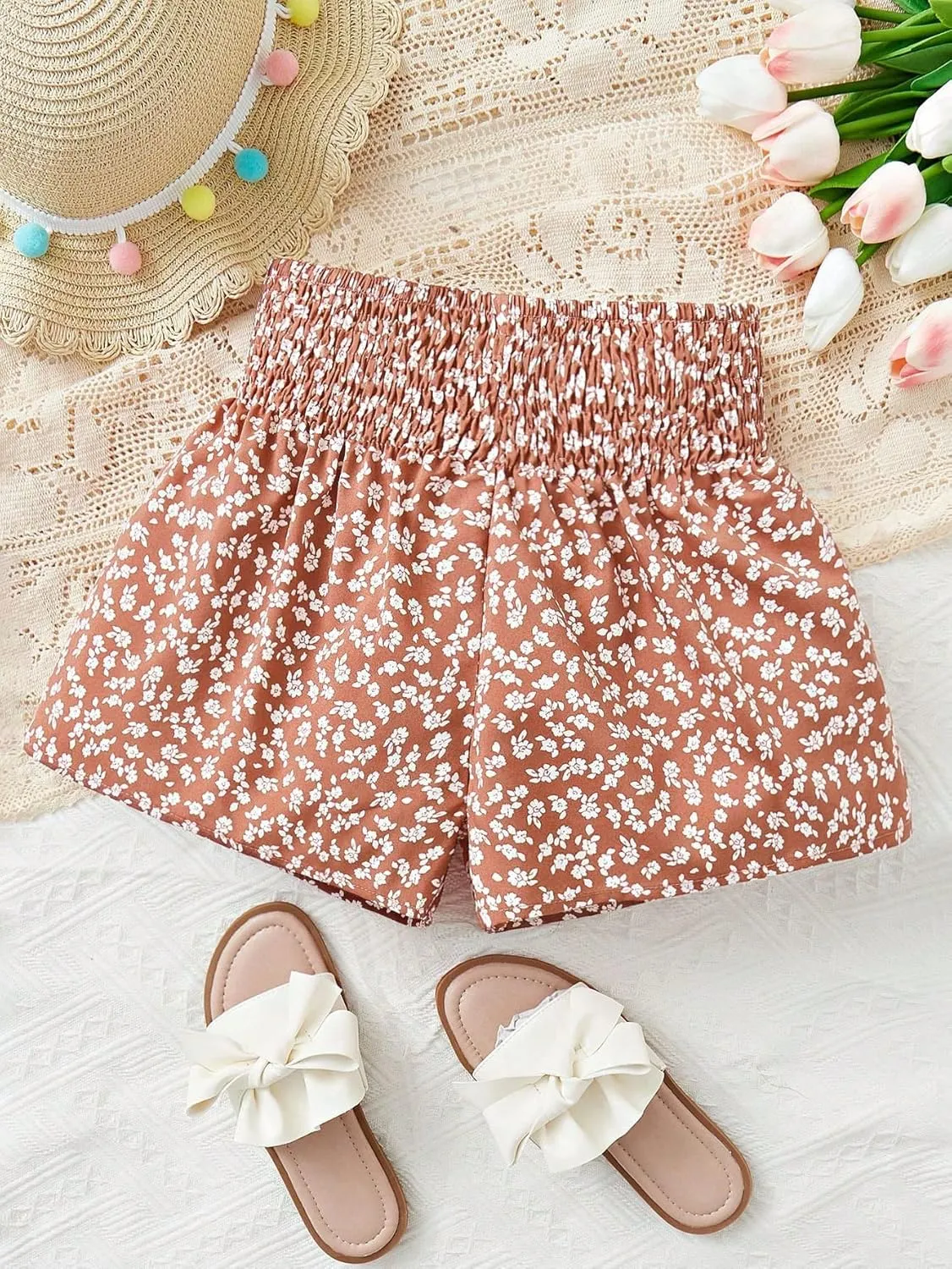 Floerns Girls Elastic Waist Wide Leg Loose Fit Floral Print Paperbag Shorts