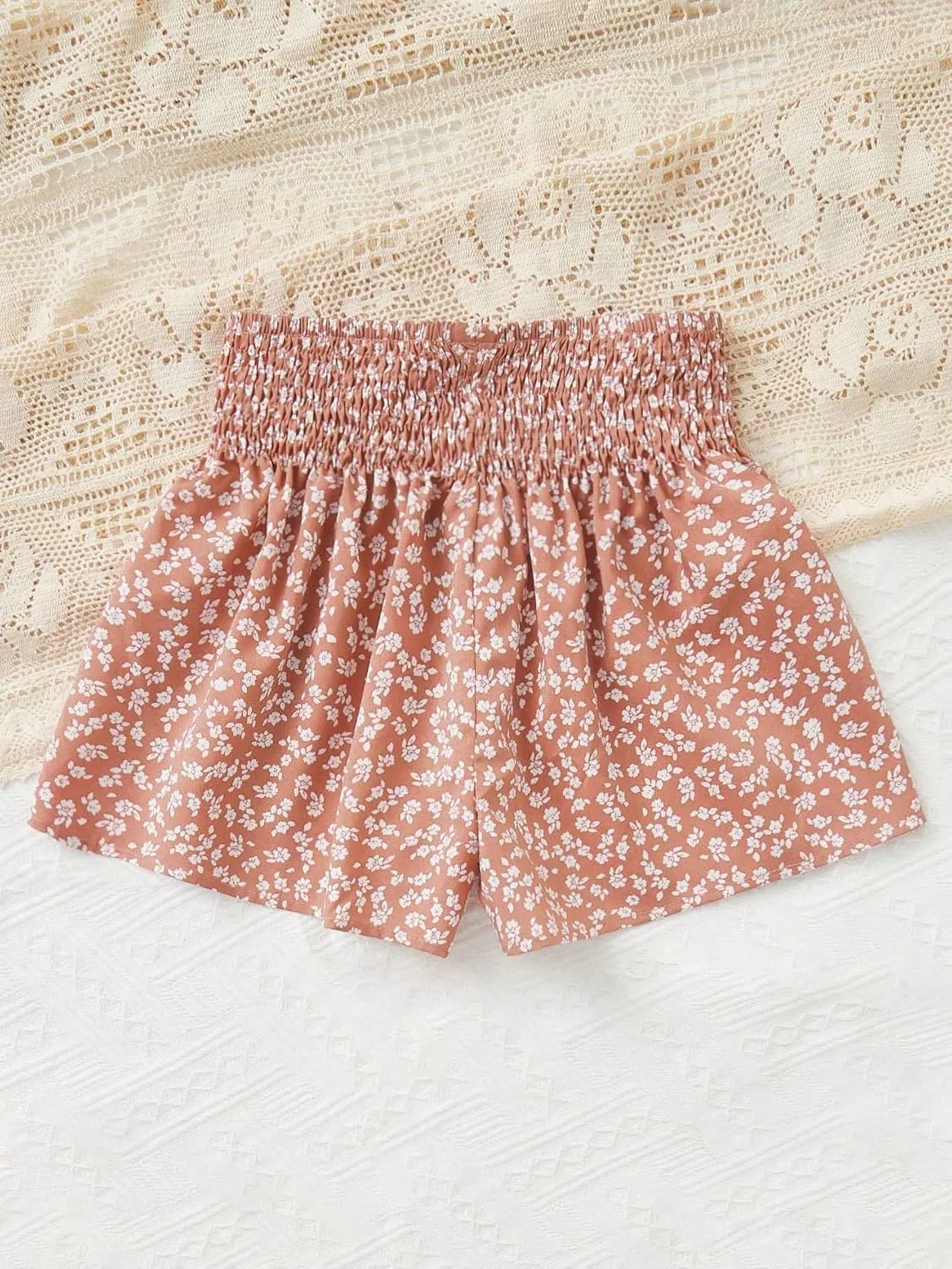 Floerns Girls Elastic Waist Wide Leg Loose Fit Floral Print Paperbag Shorts