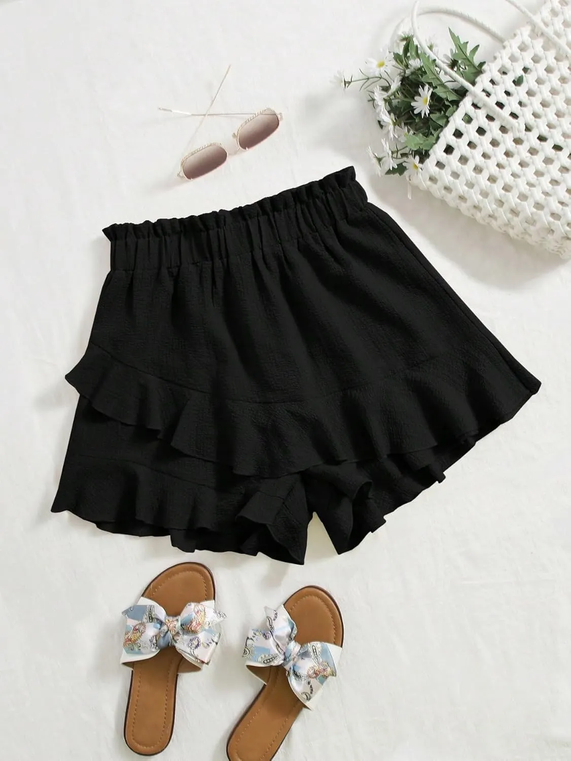 Floerns Women's Boho Paperbag Waist Ruffle Hem Elastic High Waist Cropped Shorts