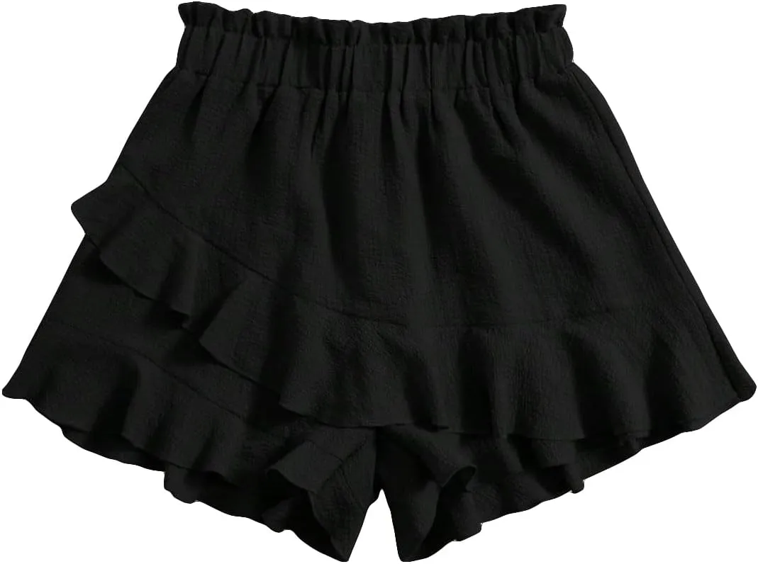 Floerns Women's Boho Paperbag Waist Ruffle Hem Elastic High Waist Cropped Shorts