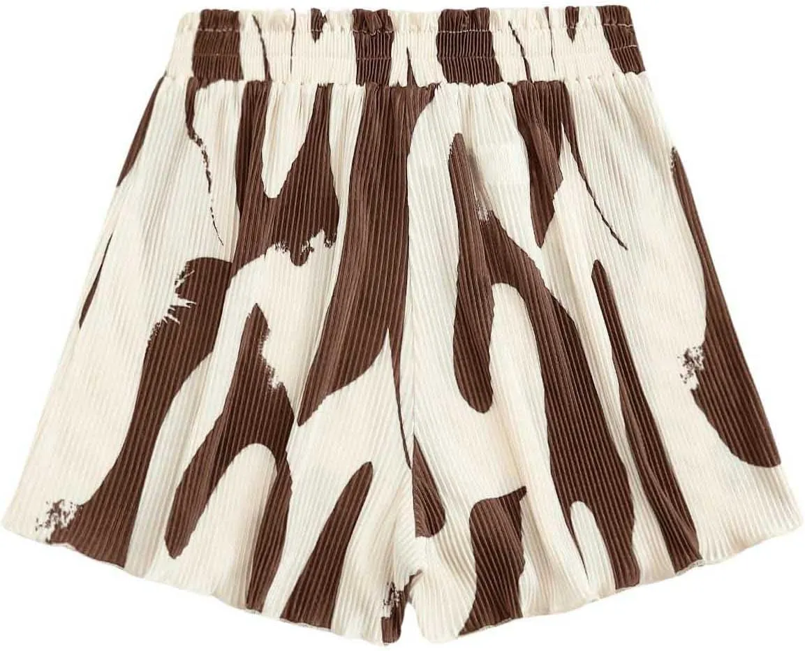 Floerns Women's Lettuce Trim Flowy Shorts Allover Print Elastic High Waist Wide Leg Shorts