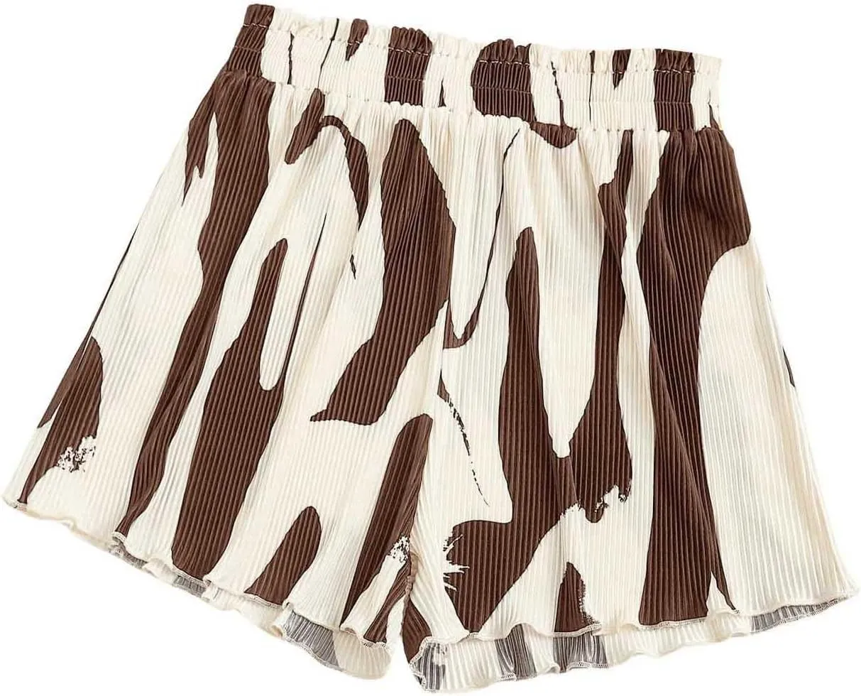 Floerns Women's Lettuce Trim Flowy Shorts Allover Print Elastic High Waist Wide Leg Shorts