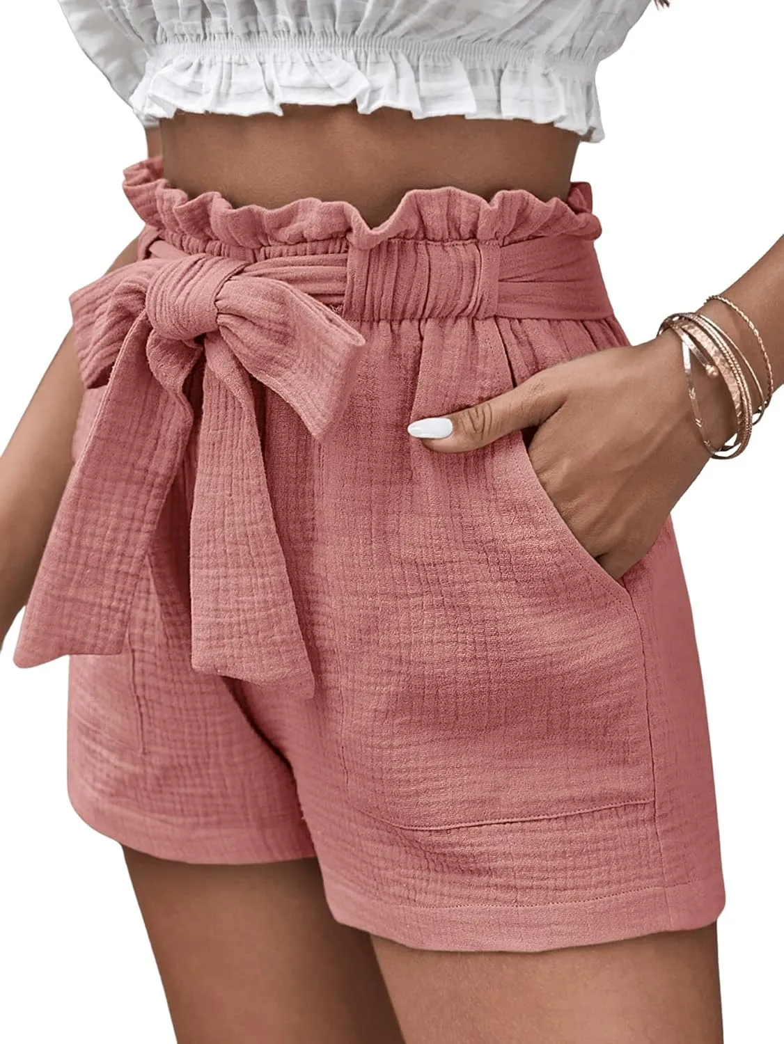 Floerns Women's Paperbag Waist Shorts Elastic Waist Wide Leg Summer Shorts