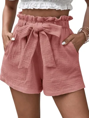Floerns Women's Paperbag Waist Shorts Elastic Waist Wide Leg Summer Shorts