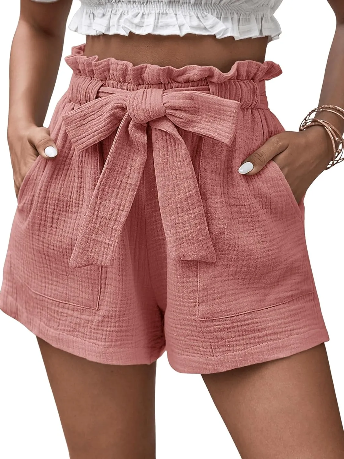 Floerns Women's Paperbag Waist Shorts Elastic Waist Wide Leg Summer Shorts