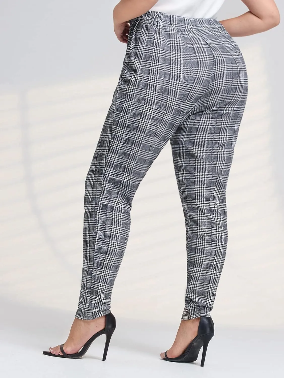 Floerns Women's Plus Size Plaid Pants Leggings Stretchy Elastic Waist Work Skinny Pants