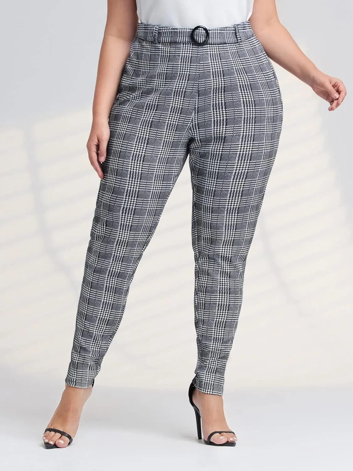 Floerns Women's Plus Size Plaid Pants Leggings Stretchy Elastic Waist Work Skinny Pants