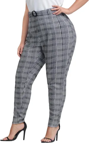 Floerns Women's Plus Size Plaid Pants Leggings Stretchy Elastic Waist Work Skinny Pants