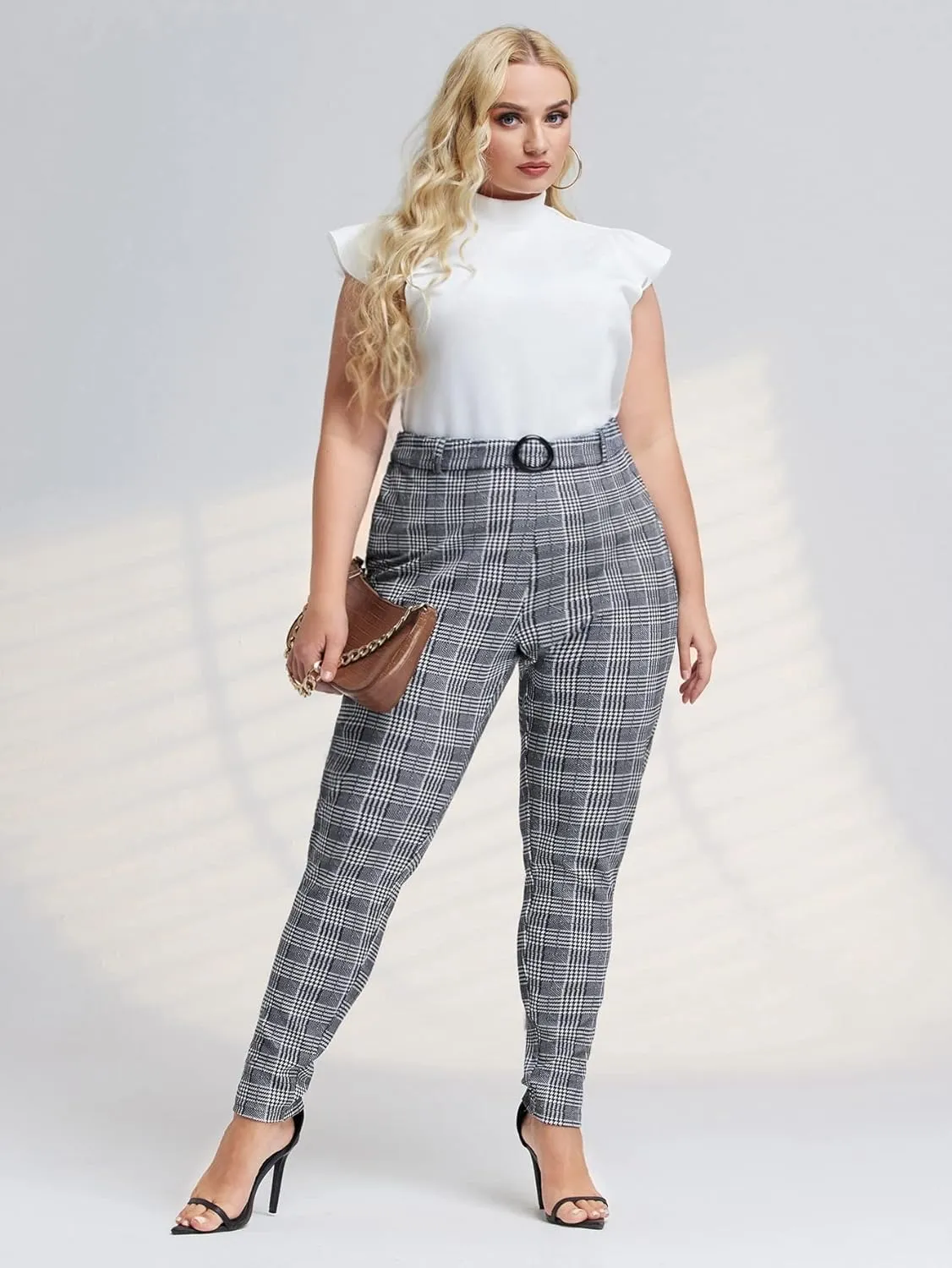 Floerns Women's Plus Size Plaid Pants Leggings Stretchy Elastic Waist Work Skinny Pants
