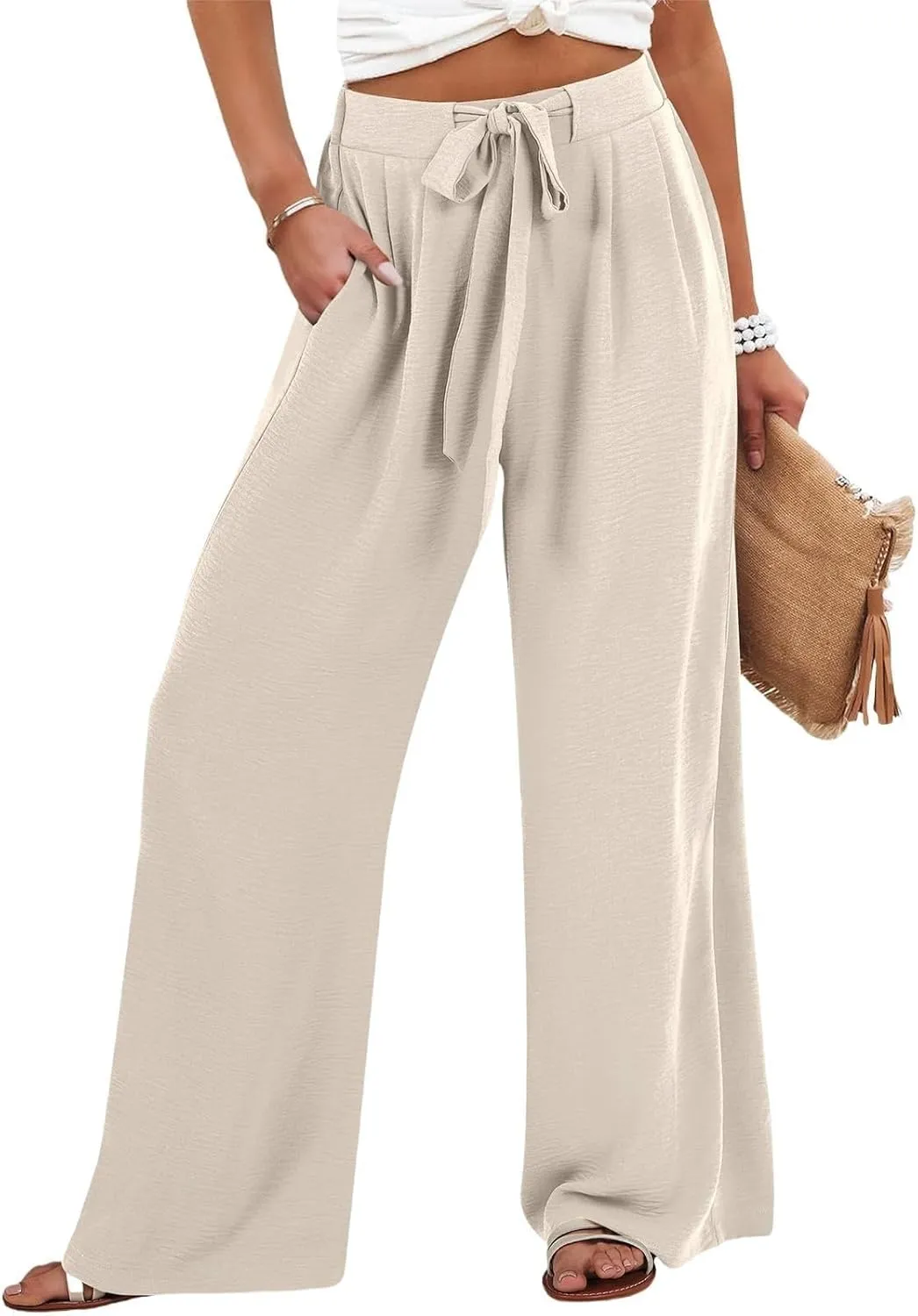 Flowy Linen Pants Women Wide Leg Tie Knot Palazzo Pants Loose Beach Pants High Waisted Trousers with Pockets