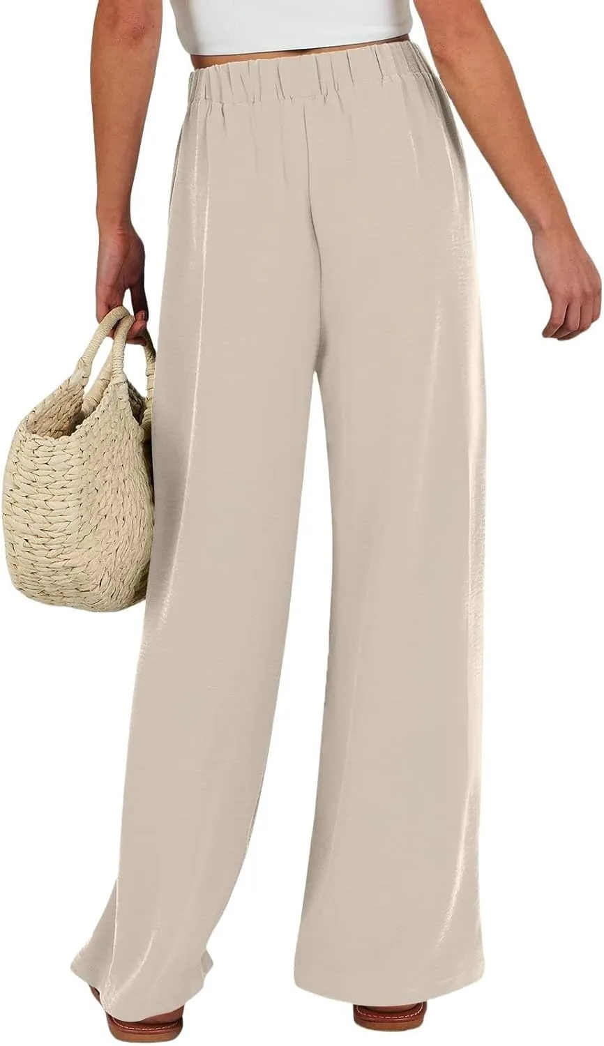 Flowy Linen Pants Women Wide Leg Tie Knot Palazzo Pants Loose Beach Pants High Waisted Trousers with Pockets