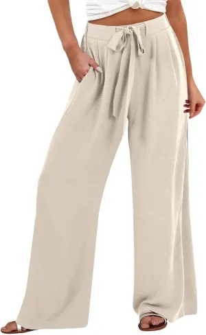Flowy Linen Pants Women Wide Leg Tie Knot Palazzo Pants Loose Beach Pants High Waisted Trousers with Pockets