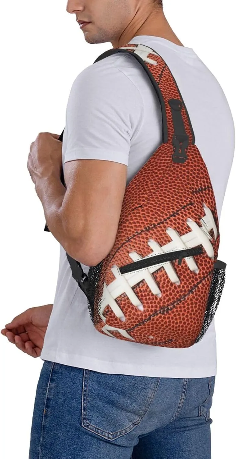 Football Print Sling Bag for Women Crossbody Bag Leather Texture American Football Pattern Sports Ball Sling Backpack for Men Rugby Ball Print Shoulder Bag Gym Sports Travel Hiking Daypack