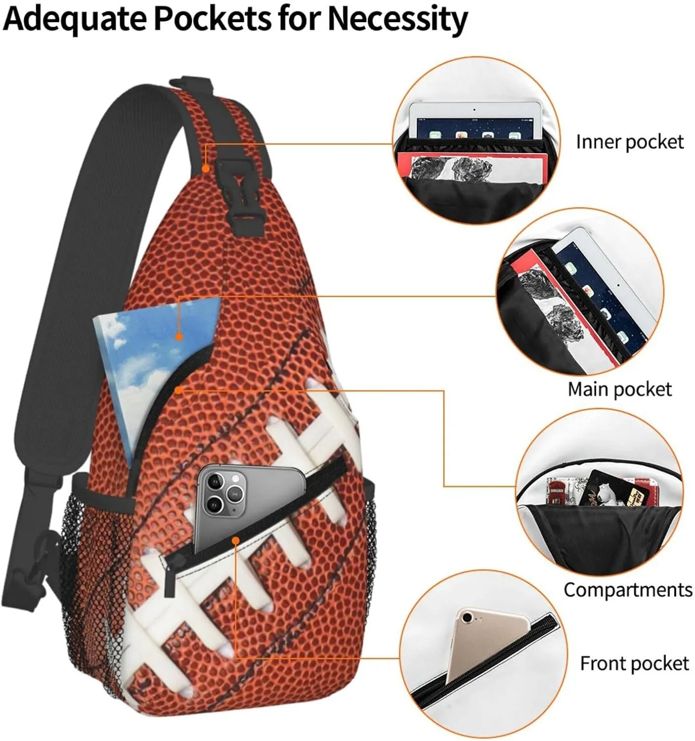 Football Print Sling Bag for Women Crossbody Bag Leather Texture American Football Pattern Sports Ball Sling Backpack for Men Rugby Ball Print Shoulder Bag Gym Sports Travel Hiking Daypack