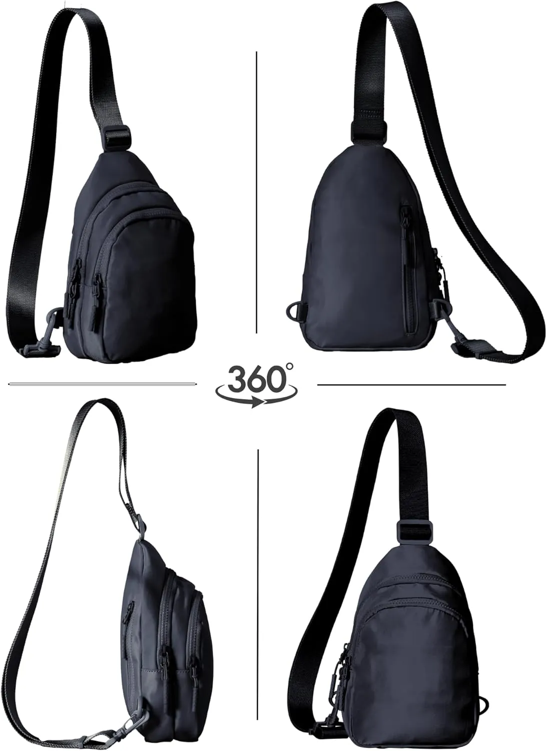 FORZAROCKET Sling Bag Double Compartment w/Long Strap 70" - Crossbody Bag w/Extended Strap - Women Men Fanny Pack - Two-way Durable Zipper - Compact Sling Backpack - Plus Size Friendly, Black