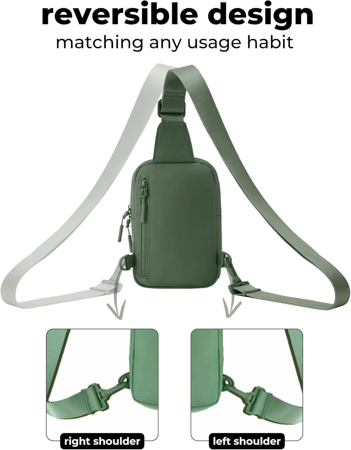 FORZAROCKET Ultralight Sling Bag w/Long Strap 70" – Small Crossbody Bag w/Extended Strap – Women Men Fanny Pack w/Anti-Theft Pocket – Two-Way Durable Zipper – Travel & Plus Size Friendly, Green