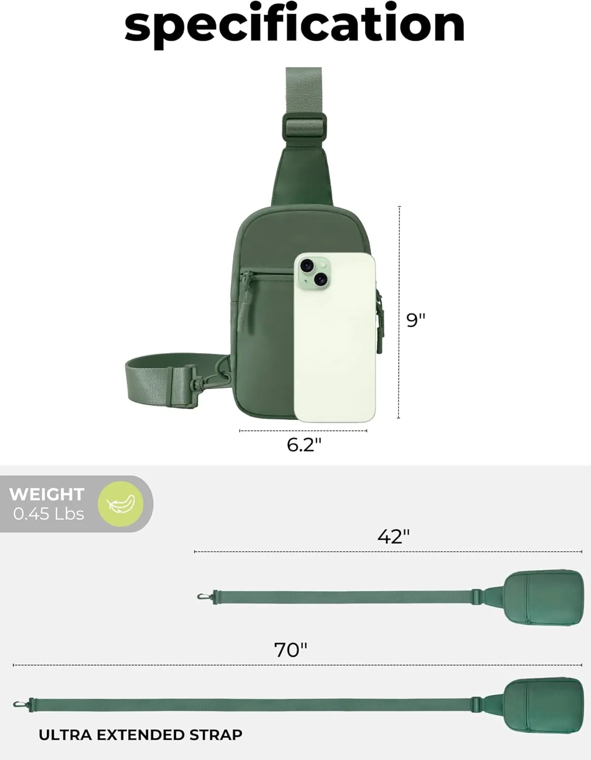 FORZAROCKET Ultralight Sling Bag w/Long Strap 70" – Small Crossbody Bag w/Extended Strap – Women Men Fanny Pack w/Anti-Theft Pocket – Two-Way Durable Zipper – Travel & Plus Size Friendly, Green