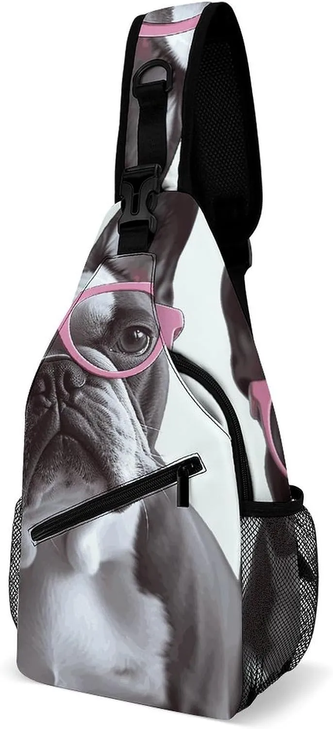 French Bulldog Pink Glasses Crossbody Sling Bag for Women Men Sling Backpack Travel Chest Bag Pack Man Purse Shoulder Bags Daypack for Travel Hiking Cycling