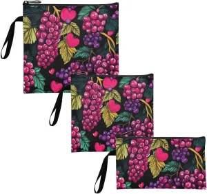 Fruit Grapes Ethnic Art Valentines Reusable Snack Bags Portable Travel Bag for Candy, fruits, Cereal, Home Organization 3 Piecing lonchera térmica para hombre