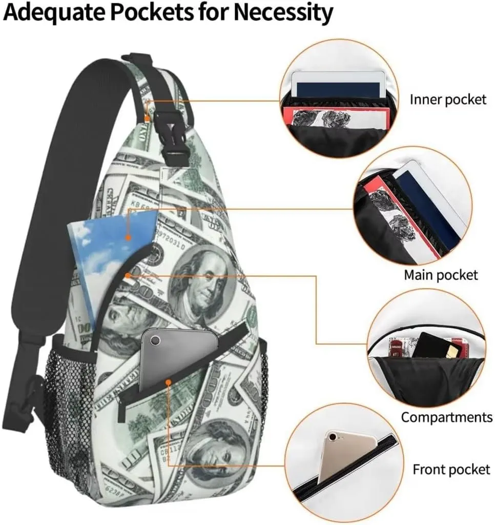 Funny American Dollar Money Sling Bag Crossbody Backpack for Men Women Heap Of One Hundred Dollar Bills Money Background Chest Bag Casual Shoulder Backpack Travel Hiking Daypack Outdoors