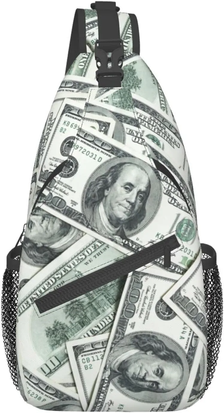 Funny American Dollar Money Sling Bag Crossbody Backpack for Men Women Heap Of One Hundred Dollar Bills Money Background Chest Bag Casual Shoulder Backpack Travel Hiking Daypack Outdoors