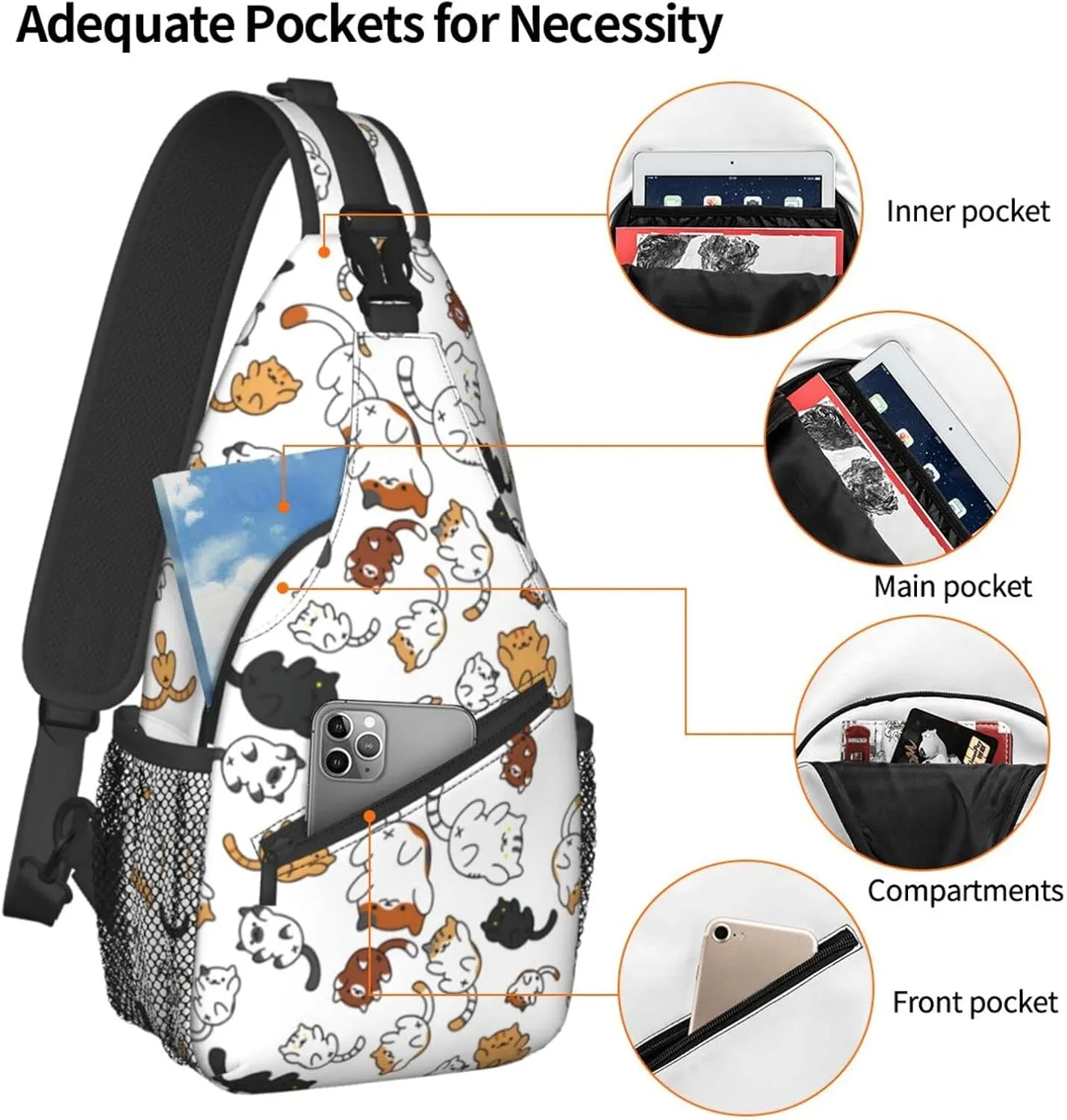Funny Cute Cat Sling Backpack Cat Chest Bags Crossbody Animal Shoulder Bag for Men And Men