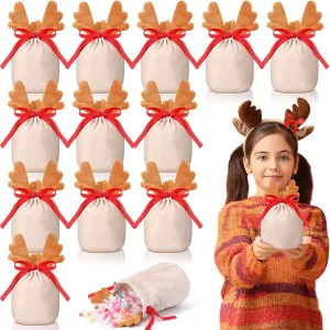 Funtery 12 Pcs Small Christmas Velvet Drawstring Bag With Deer Ear - Candy Bag, Flannel Gift Pouches, Reusable Xmas Party Gift Wrapping