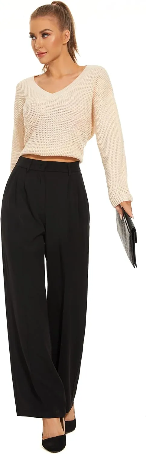 FUNYYZO Wide Leg Pants Women's High Elastic Waisted in The Back Business Work Trousers Long Straight Suit Pants