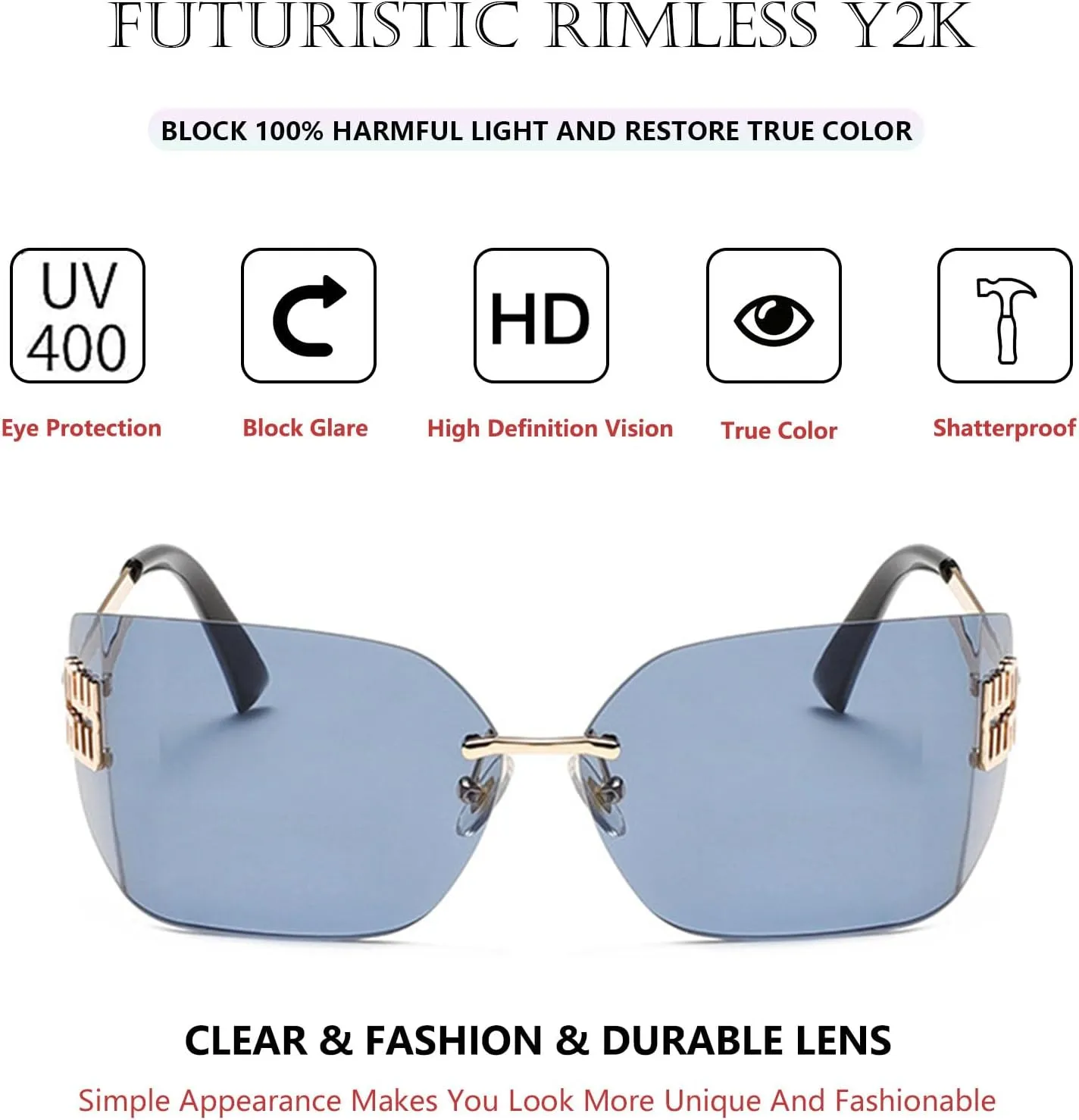Futuristic Rimless Y2K Sunglasses for Women Men Fashion Wrap Around Frame Trendy Shield Frameless Design