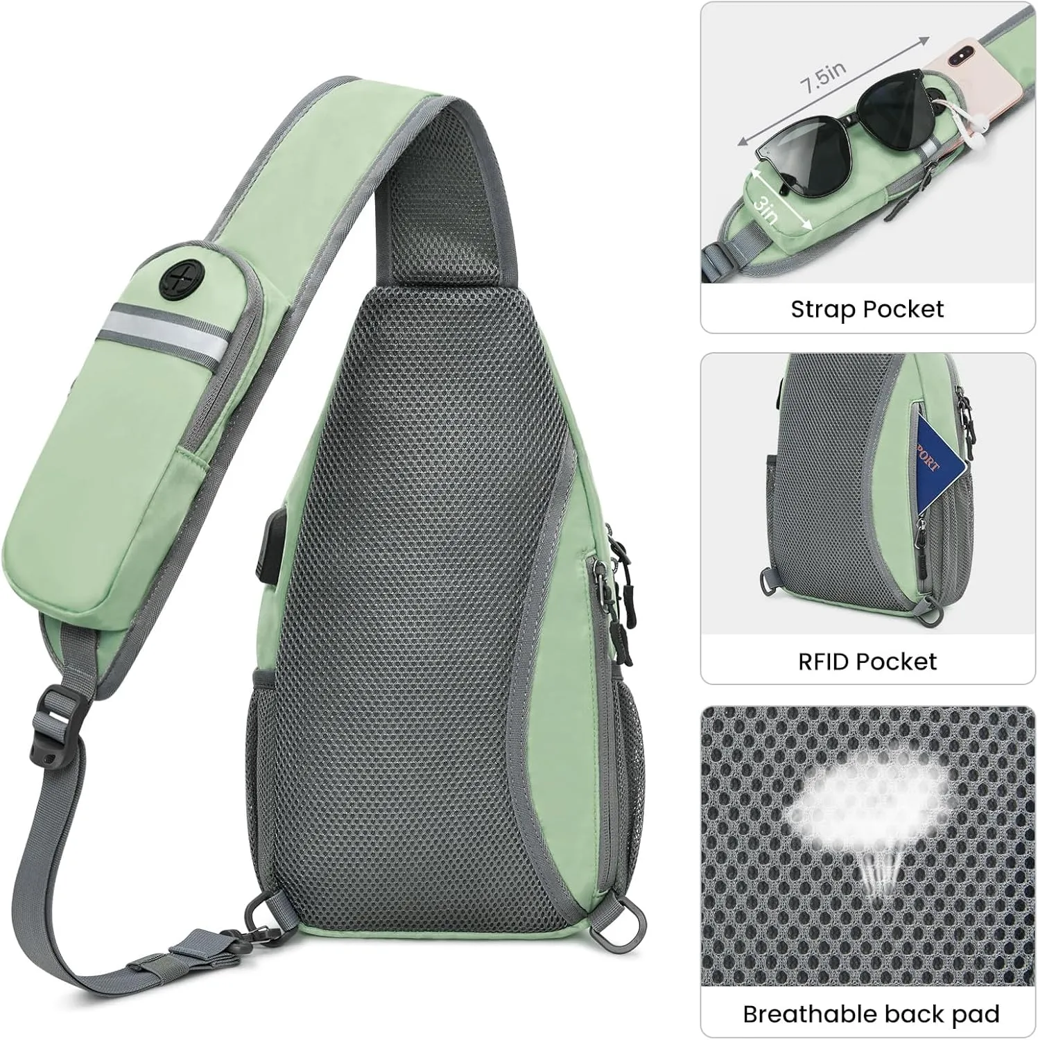 G4Free Sling Bag RFID Crossbody Sling Backpack with USB Charging Port, Travel Hiking Daypack Shoulder Chest Bag for Women Men(Light Green)
