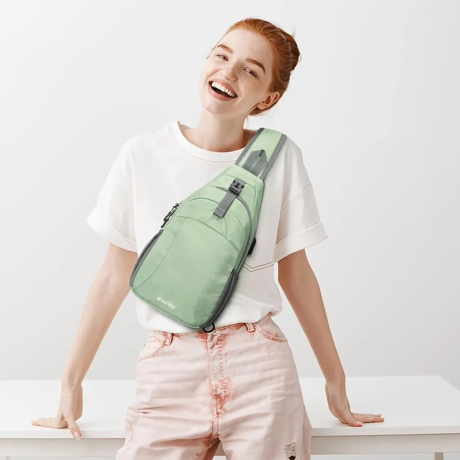 G4Free Sling Bag RFID Crossbody Sling Backpack with USB Charging Port, Travel Hiking Daypack Shoulder Chest Bag for Women Men(Light Green)