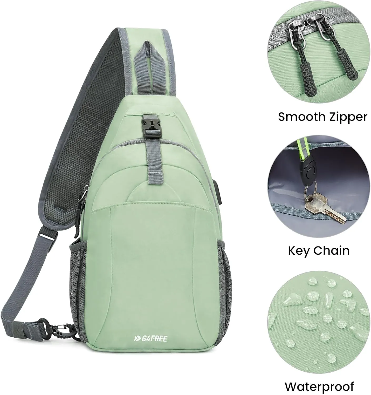 G4Free Sling Bag RFID Crossbody Sling Backpack with USB Charging Port, Travel Hiking Daypack Shoulder Chest Bag for Women Men(Light Green)