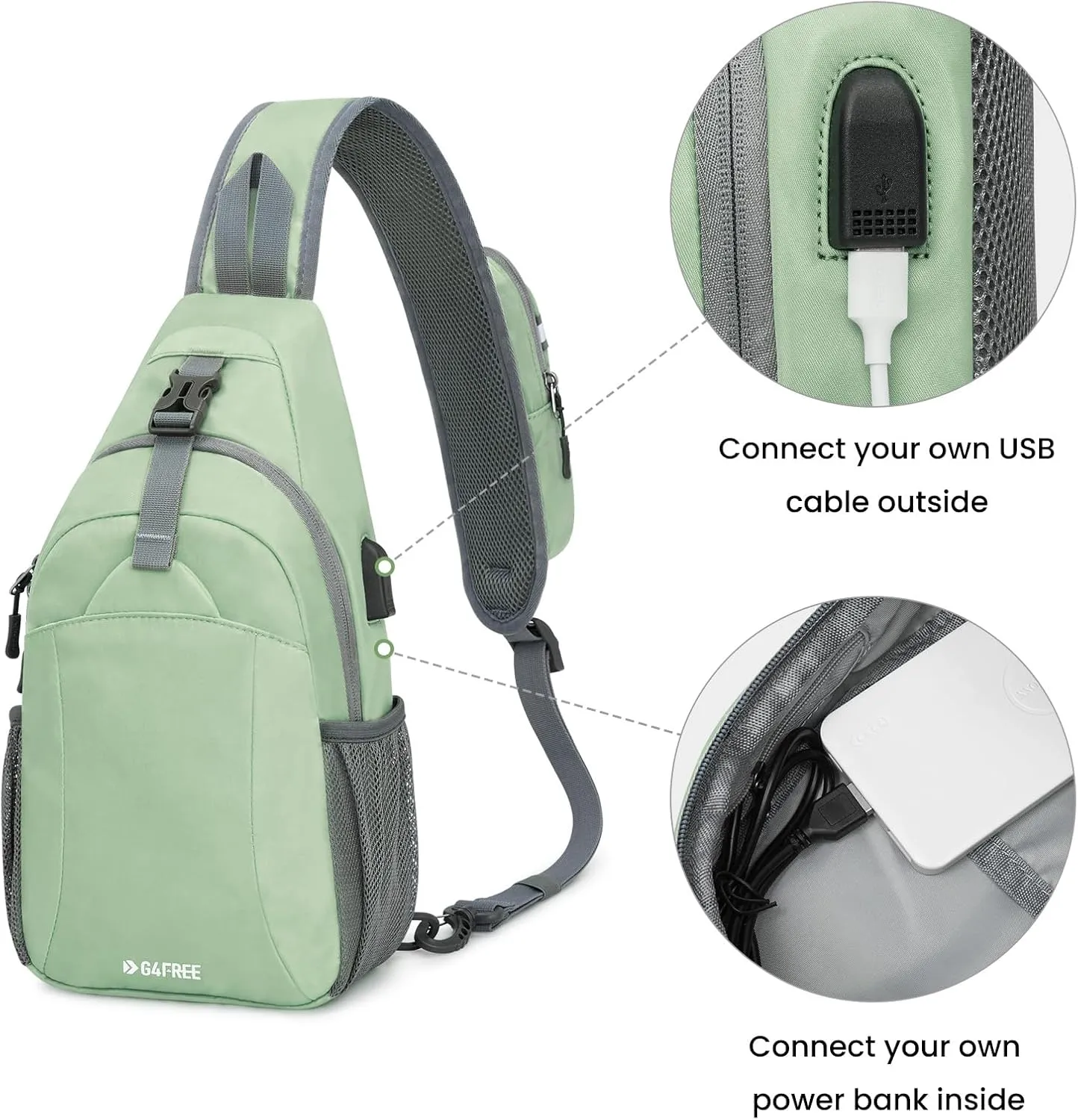 G4Free Sling Bag RFID Crossbody Sling Backpack with USB Charging Port, Travel Hiking Daypack Shoulder Chest Bag for Women Men(Light Green)