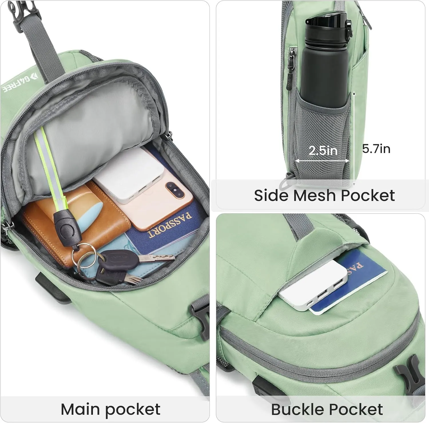 G4Free Sling Bag RFID Crossbody Sling Backpack with USB Charging Port, Travel Hiking Daypack Shoulder Chest Bag for Women Men(Light Green)
