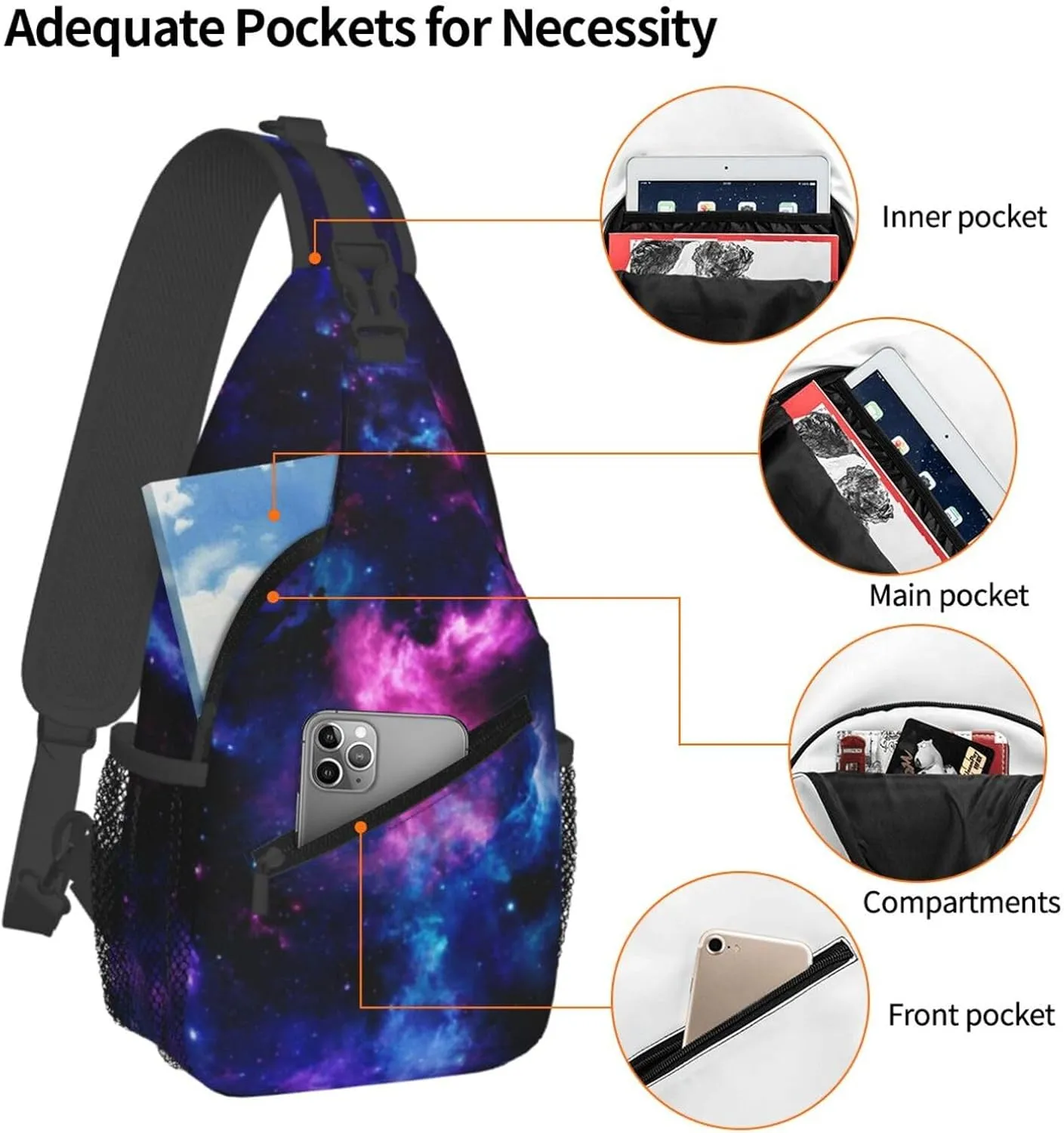 Galaxy Sling Bag Cosmic Background with Purple Nebula and Shining Stars Crossbody Backpack Cool Deep Space Theme Chest Shoulder Bag Casual Gym Sports Travel Hiking Daypack for Women Men