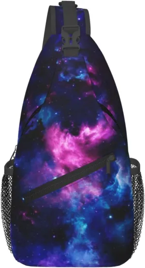 Galaxy Sling Bag Cosmic Background with Purple Nebula and Shining Stars Crossbody Backpack Cool Deep Space Theme Chest Shoulder Bag Casual Gym Sports Travel Hiking Daypack for Women Men