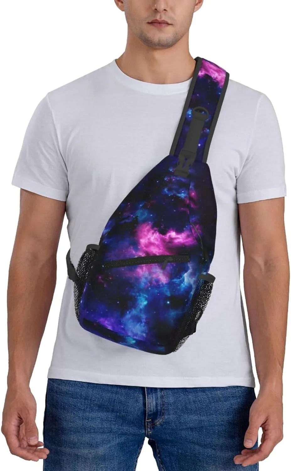 Galaxy Sling Bag Cosmic Background with Purple Nebula and Shining Stars Crossbody Backpack Cool Deep Space Theme Chest Shoulder Bag Casual Gym Sports Travel Hiking Daypack for Women Men