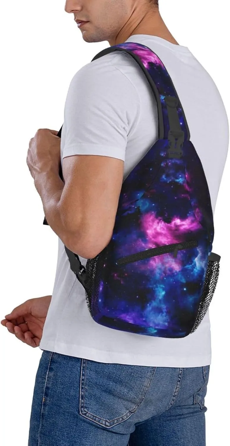 Galaxy Sling Bag Cosmic Background with Purple Nebula and Shining Stars Crossbody Backpack Cool Deep Space Theme Chest Shoulder Bag Casual Gym Sports Travel Hiking Daypack for Women Men