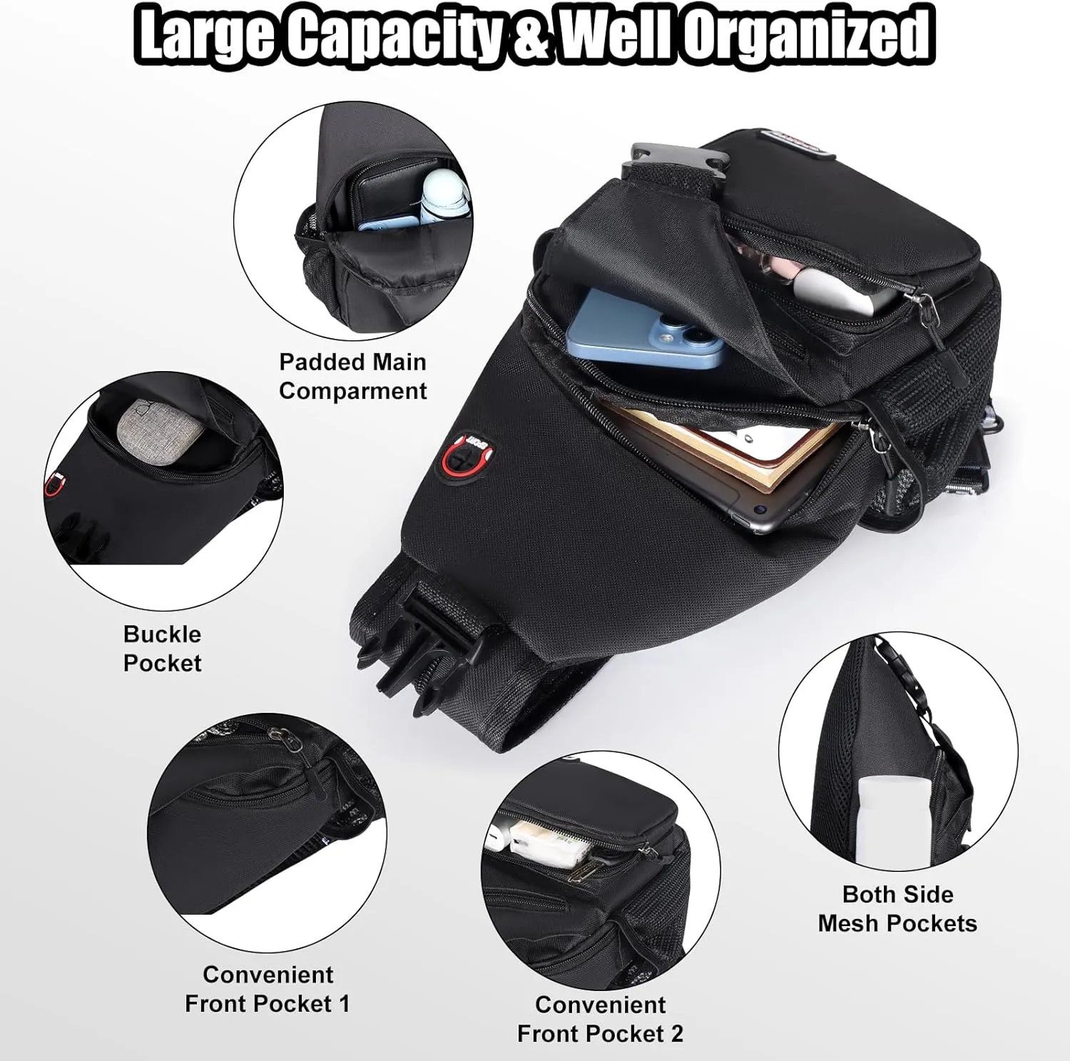 Geestock Crossbody Sling Bag Backpack for Men & Women, Convertible Shoulder Bag Waterproof Chest Bag for Daypack Travel Hiking (Black)